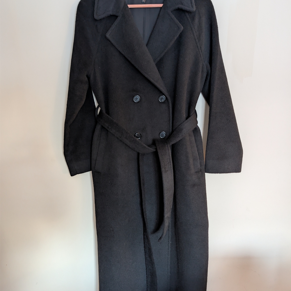 NWOT Quince 100% Camel Hair Double Breasted Coat Black Small Tie Waist LUXE